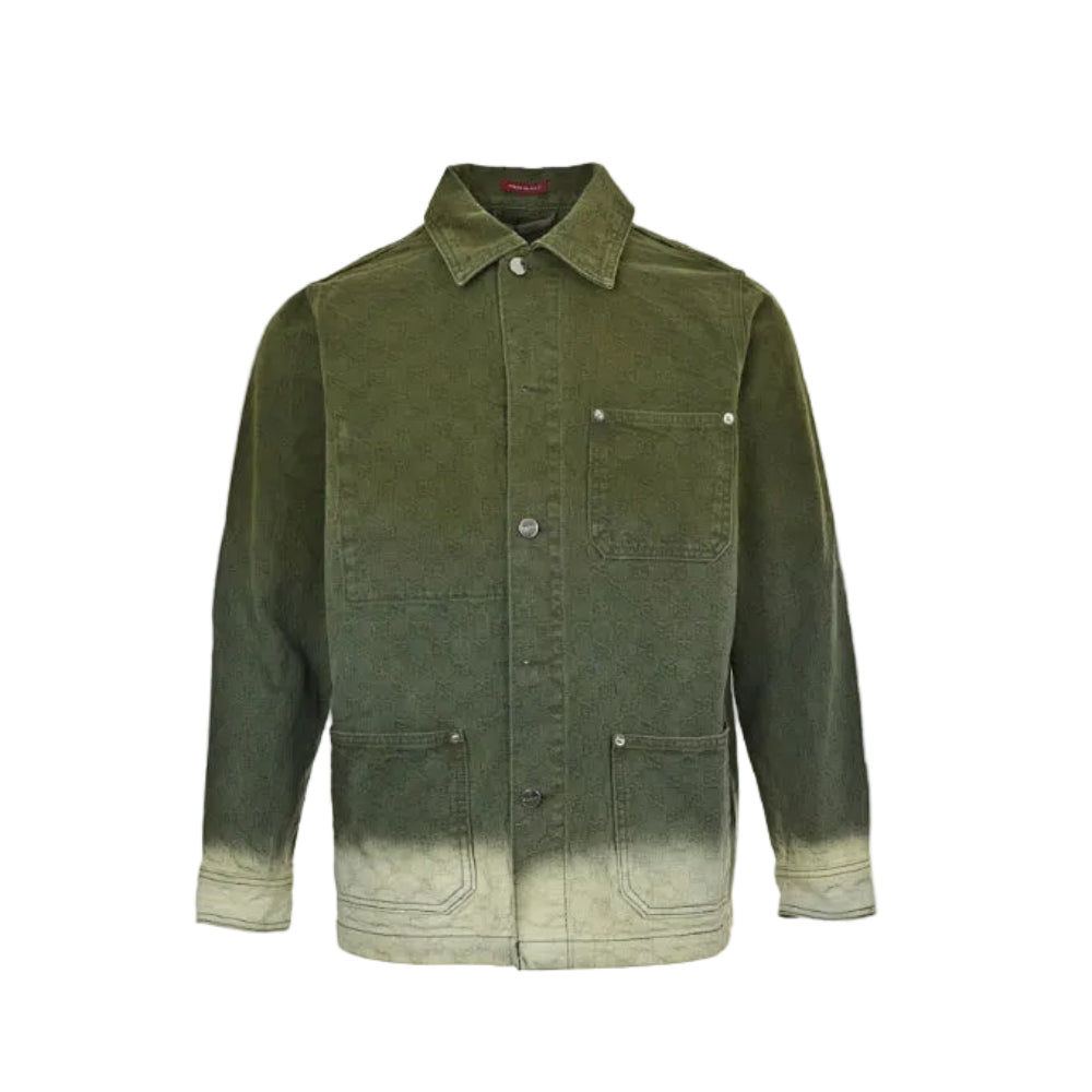 Gucci Olive Bleach-Fade Denim Chore Coat with Snap Closure