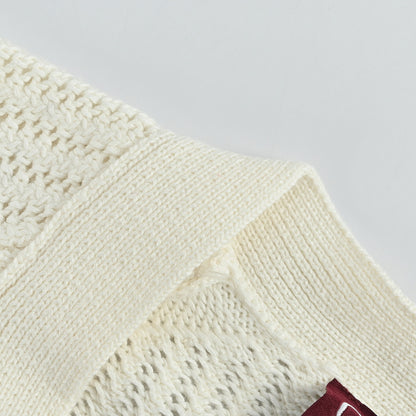 Gucci Ivory Open-Knit V-Neck Button Cardigan with Stripe Trim
