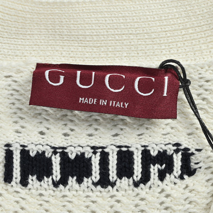 Gucci Ivory Open-Knit V-Neck Button Cardigan with Stripe Trim