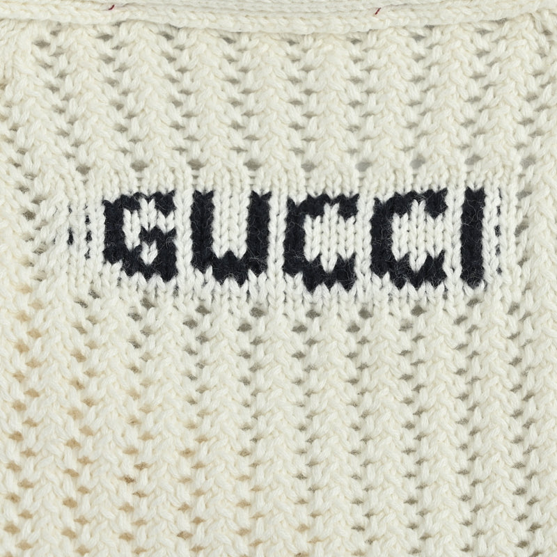 Gucci Ivory Open-Knit V-Neck Button Cardigan with Stripe Trim