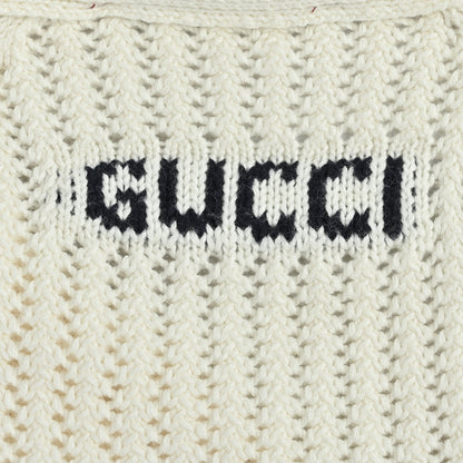 Gucci Ivory Open-Knit V-Neck Button Cardigan with Stripe Trim