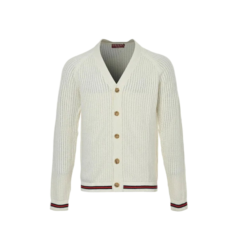 Gucci Ivory Open-Knit V-Neck Button Cardigan with Stripe Trim