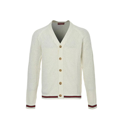 Gucci Ivory Open-Knit V-Neck Button Cardigan with Stripe Trim