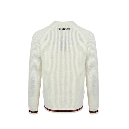 Gucci Ivory Open-Knit V-Neck Button Cardigan with Stripe Trim